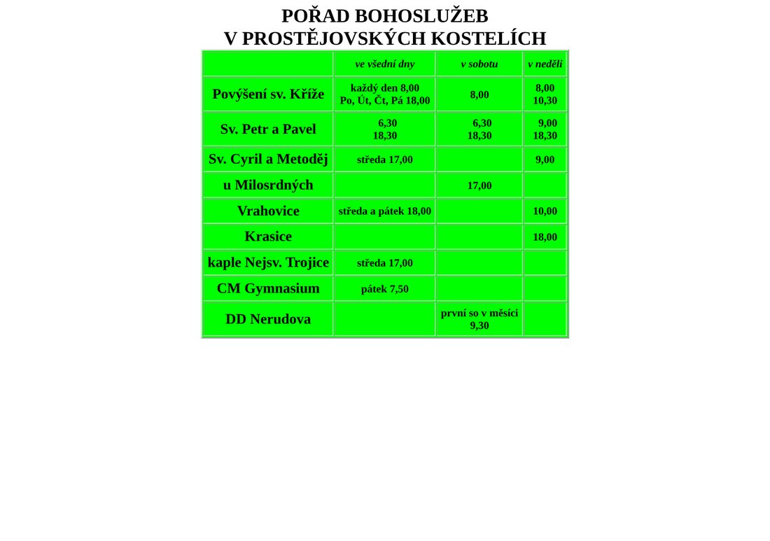 Pořad bohoslužeb, 2001